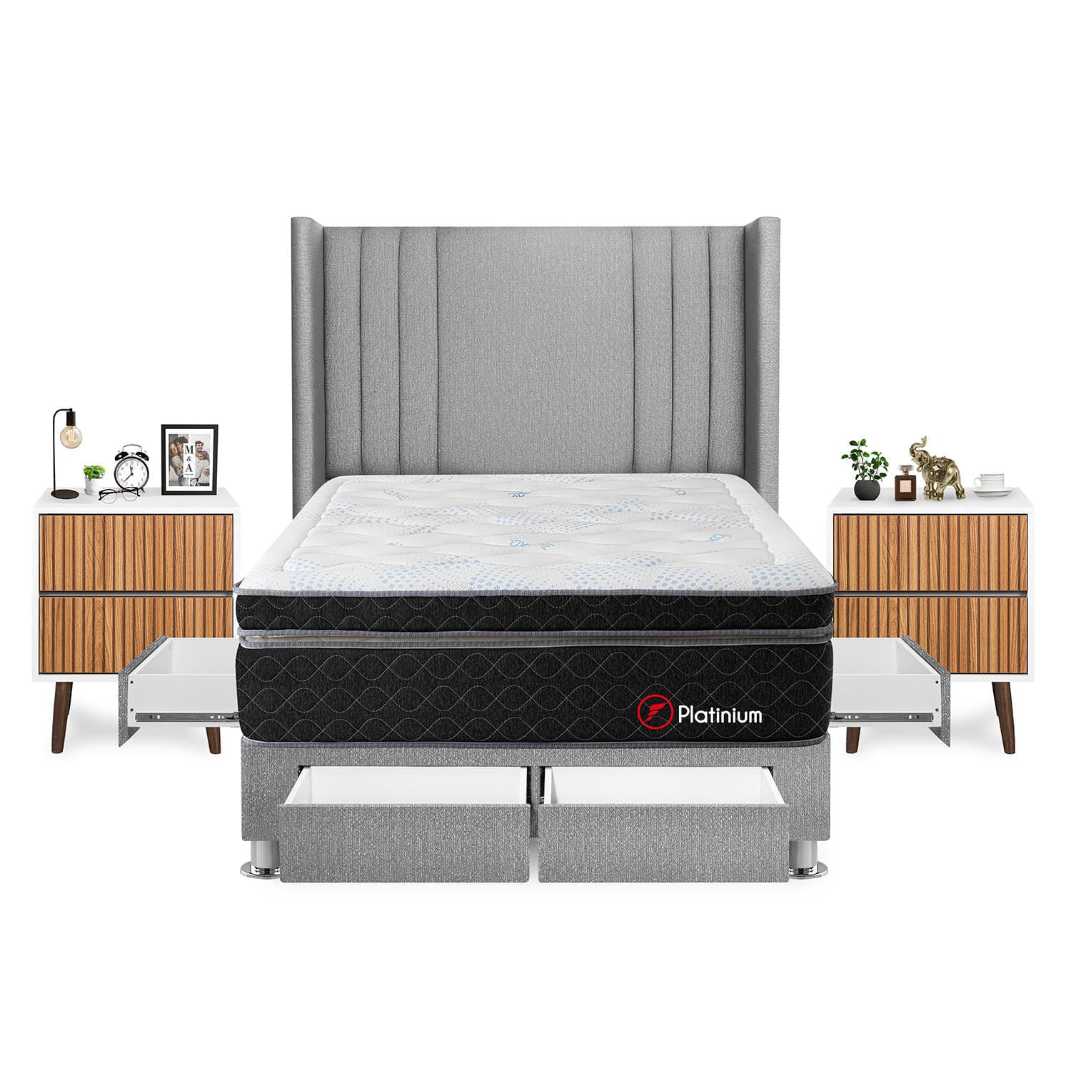 Dormitorio Platinium Con 4 Cajones 2 Plazas + Velador Milan + Respaldo