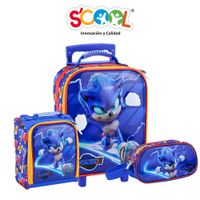 Set Mochila De Ruedas + Lonchera + Cartuchera Scool 3D Magic Sonic Azul