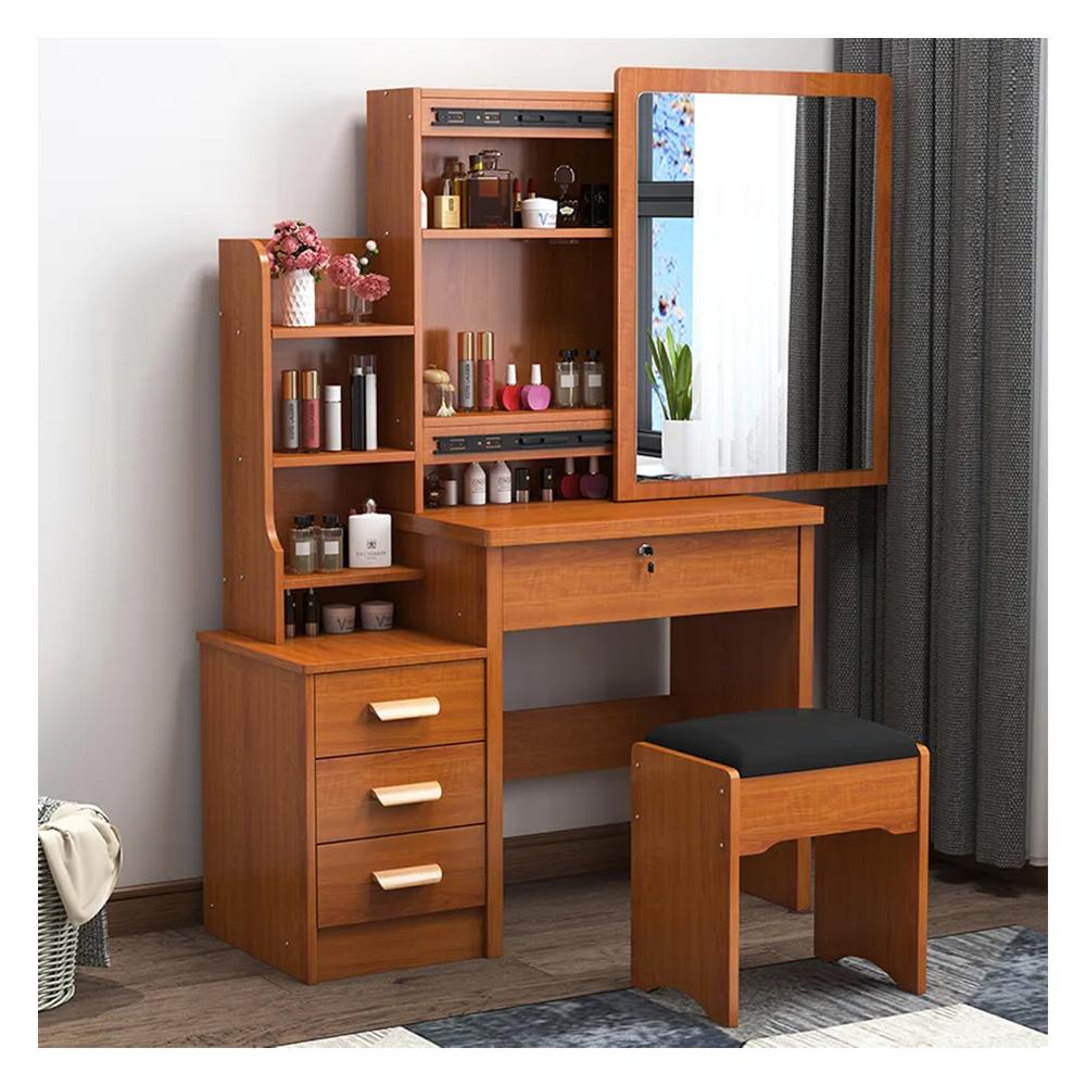 Tocador de Maquillaje Con Espejo Taburete Para Dormitorio Marrón