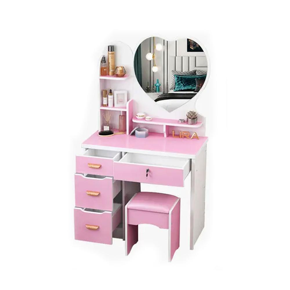 Tocador De Maquillaje Con Espejo Taburete Para Dormitorio Cora Rosado