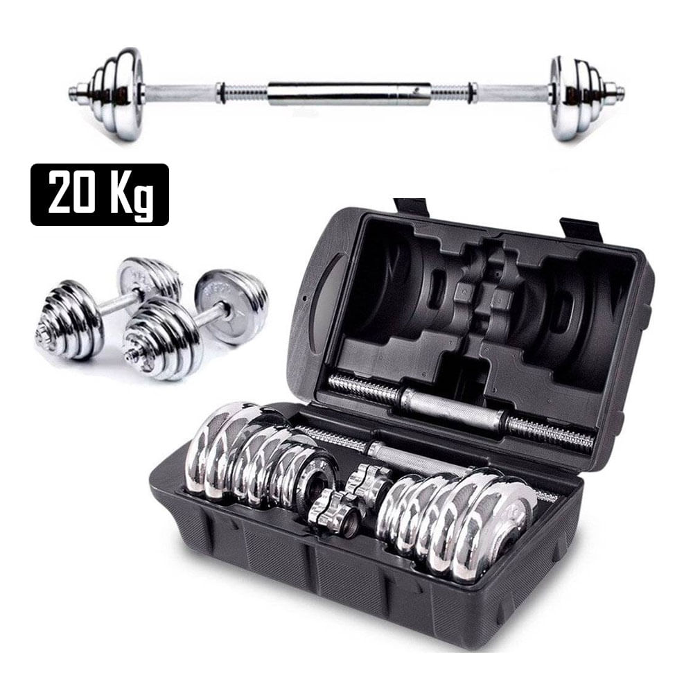 Set de 20 kg Pesas Cromadas + Mancuernas + Adaptador + Maletín
