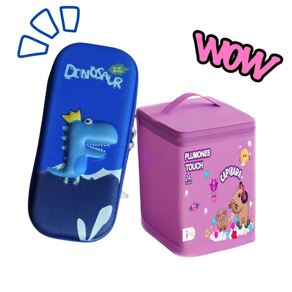 PACK 24 PLUMONES TOUCH CON ESTUCHE CAPIBARA+ CARTUCHERA DINO AZUL