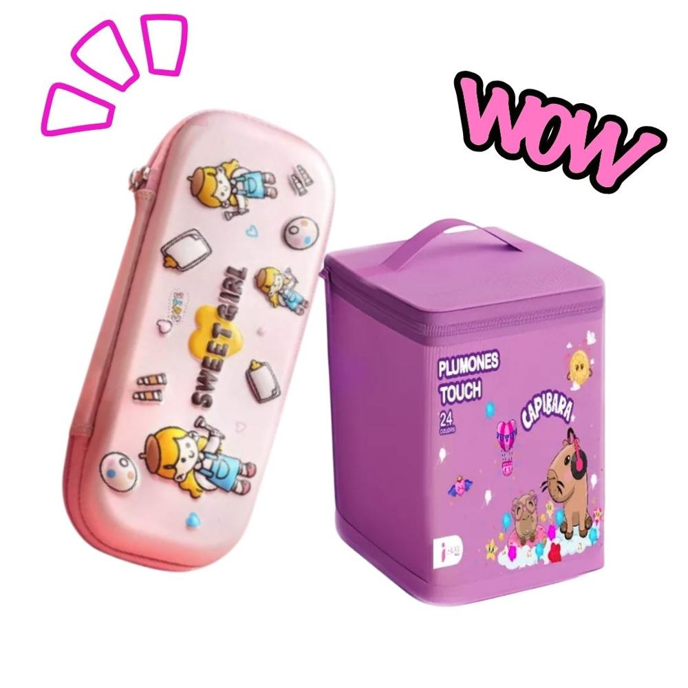 PACK 24 PLUMONES TOUCH + CARTUCHERA DIVERTIDA ROSA