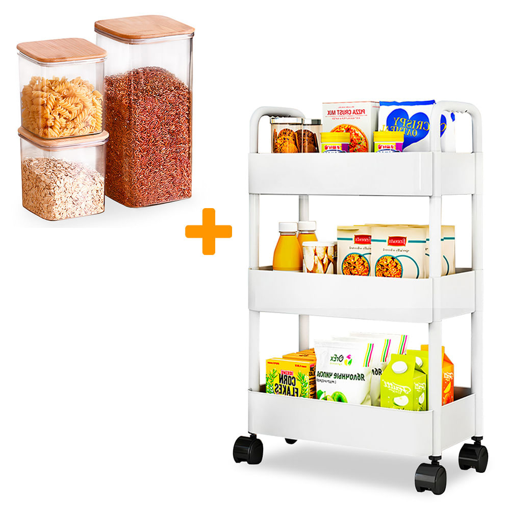 Carrito Organizador 3 Niveles JK3 Y Set de 3 Frascos Herméticos C84