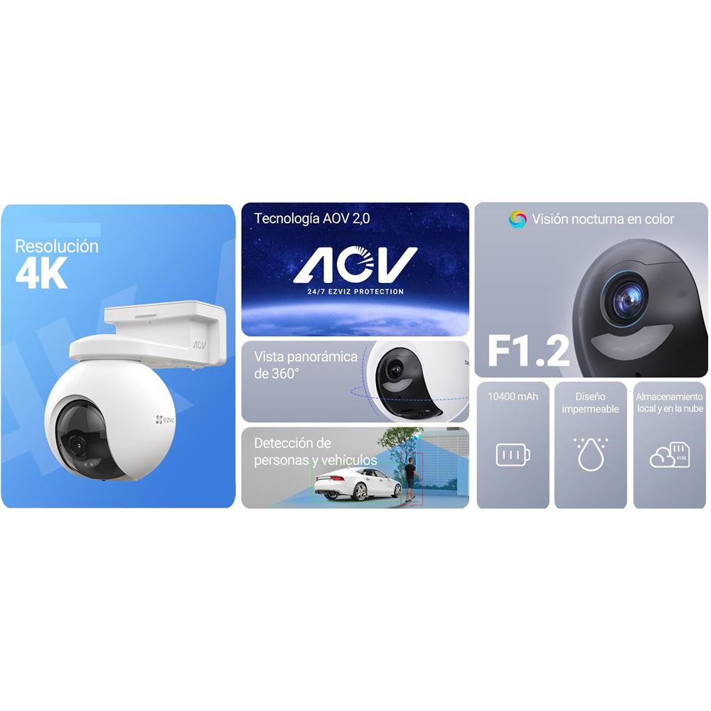 EzvizCámara CB8 PRO 4K Audio 2vías Noche ColorBatería Panel 256GB ...