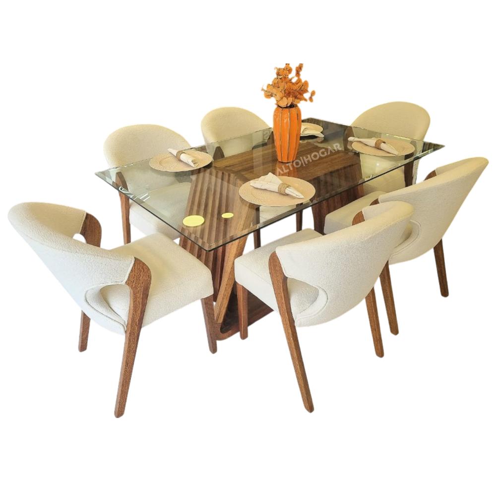 Juego de Comedor 6 Sillas Alena Crema Madera Tornillo
