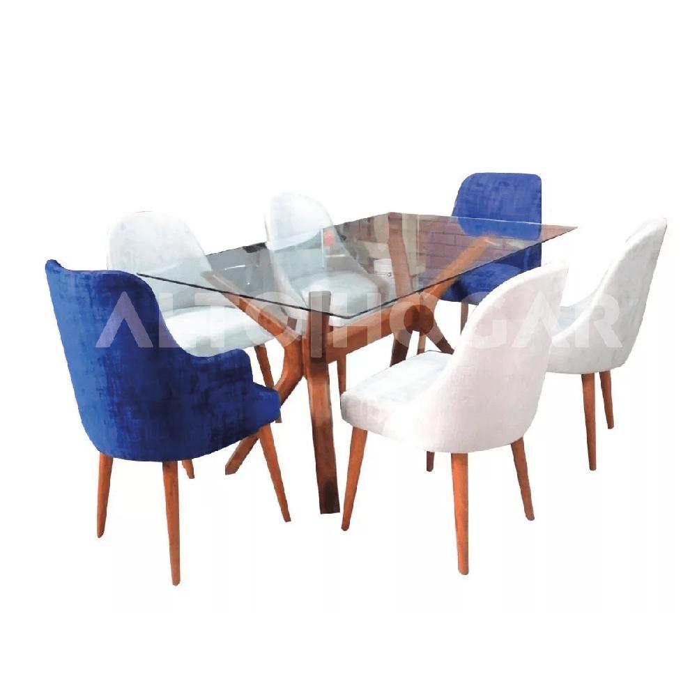 Juego de Comedor 6 Sillas Nia Azul y Crema Madera Tornillo