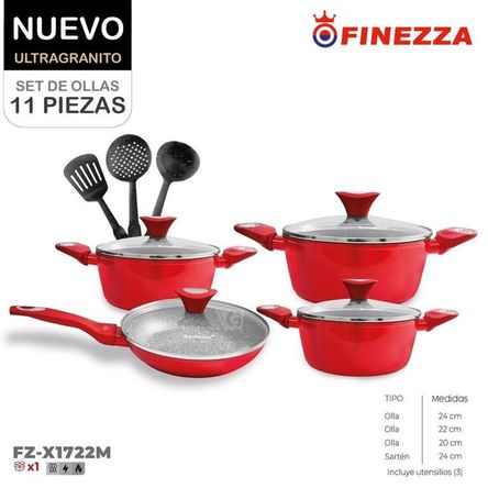 Juego de ollas Antiadherentes Ultragranito de 11 pzs. FZ-X1722M - Rojo
