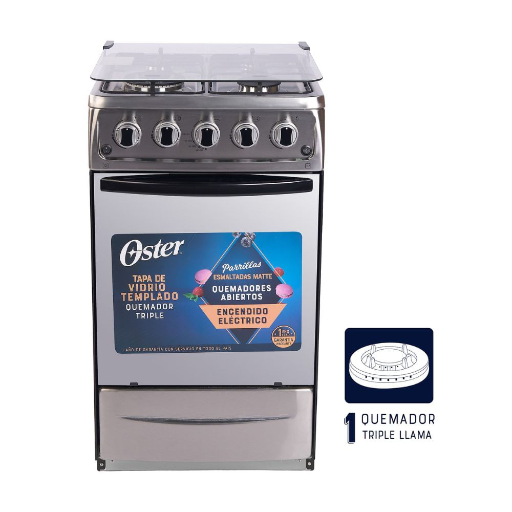 Cocina de Pie Oster a Gas OSPGSC20G4HTBS Gris Acero con Quemador Triple Llama
