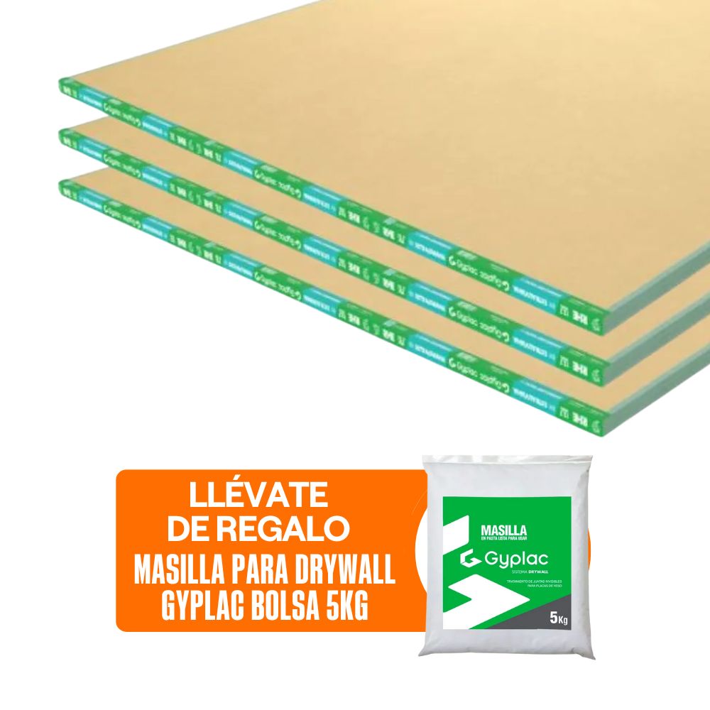 COMBO Gyplac: 6 Planchas de Drywall RH 1/2"" (12.7mm) 1.22m x 2.44m + Masilla para drywall Bolsa 5kg