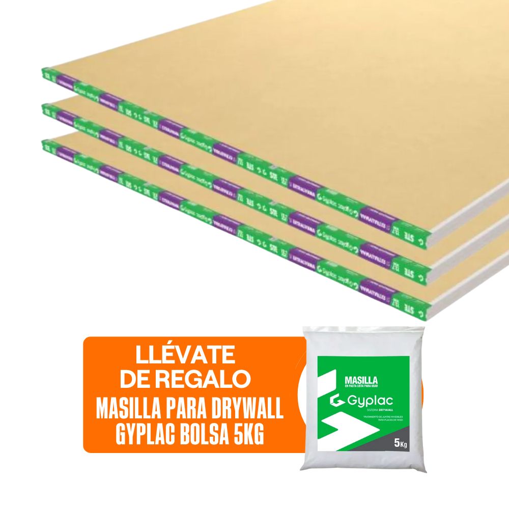 COMBO Gyplac: 6 Planchas de Drywall ST Extraliviana 1/2” (12.7mm) 1.22m x 2.44 m + Masilla para drywall Bolsa 5kg