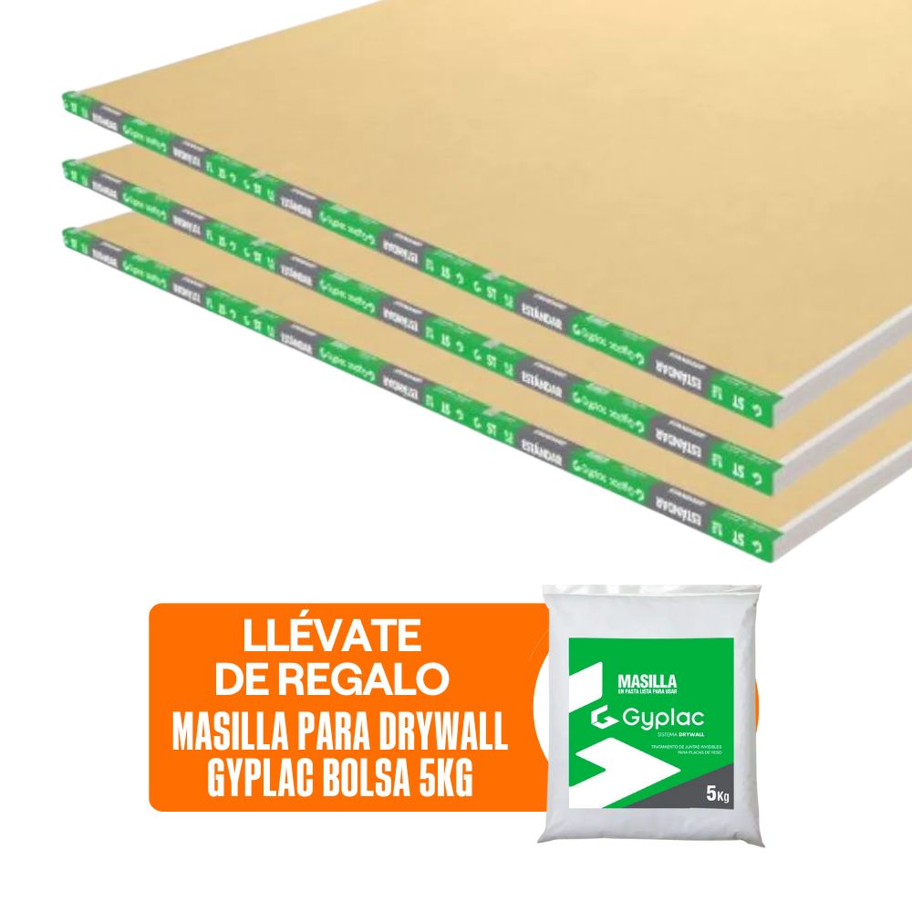 COMBO Gyplac: 6 Planchas de Drywall Standard 3/8” (9.5 mm) 1.22m x 2.44m + Masilla para drywall Bolsa 5kg