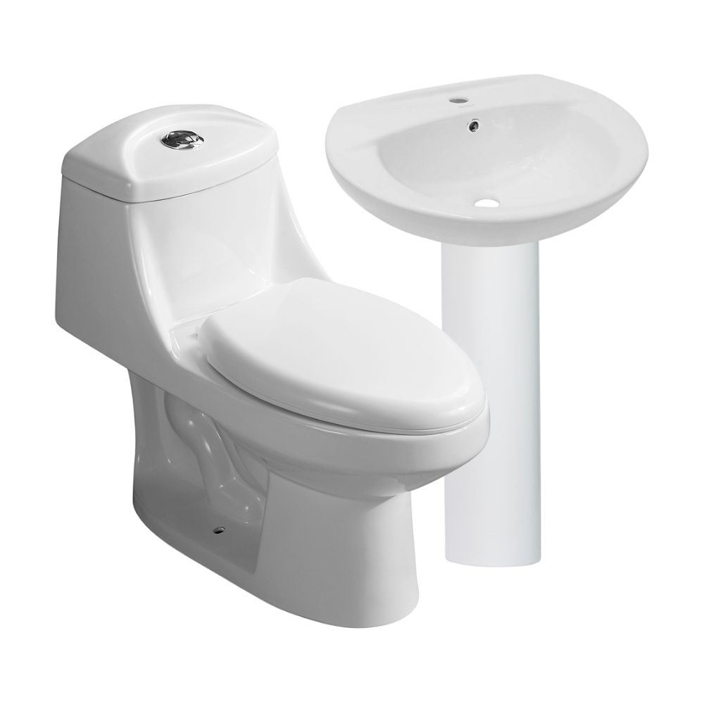 COMBO Orange: Inodoro One Piece Índigo Blanco + Lavatorio Ártico Blanco + Pedestal Standard Blanco