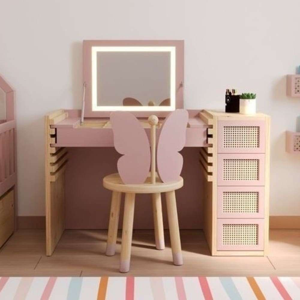 Tocador + Silla Infantil Congala con Espejo y Luces Led Color Rosado/Duna TU MESITA