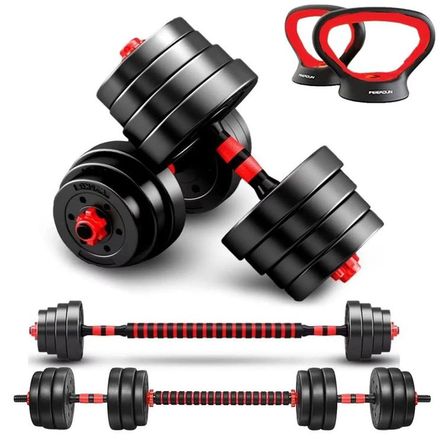 Mancuernas Set de 20 Kg Convertibles + Barra + Asas Mancuernas Set de 20 Kg Convertibles + Barra + Asas