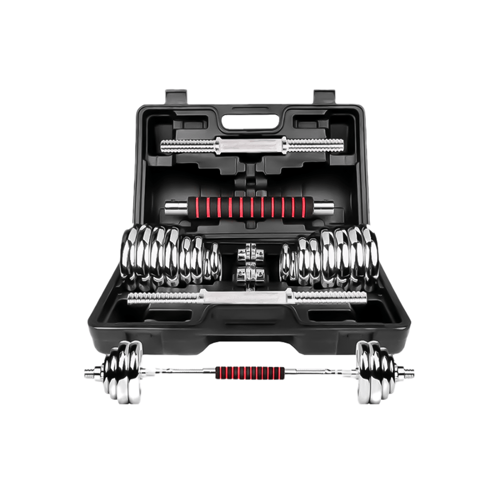 Set de Pesas Mancuernas Cromadas Set 30kg Con Maletin Y Adaptador Barra Recta