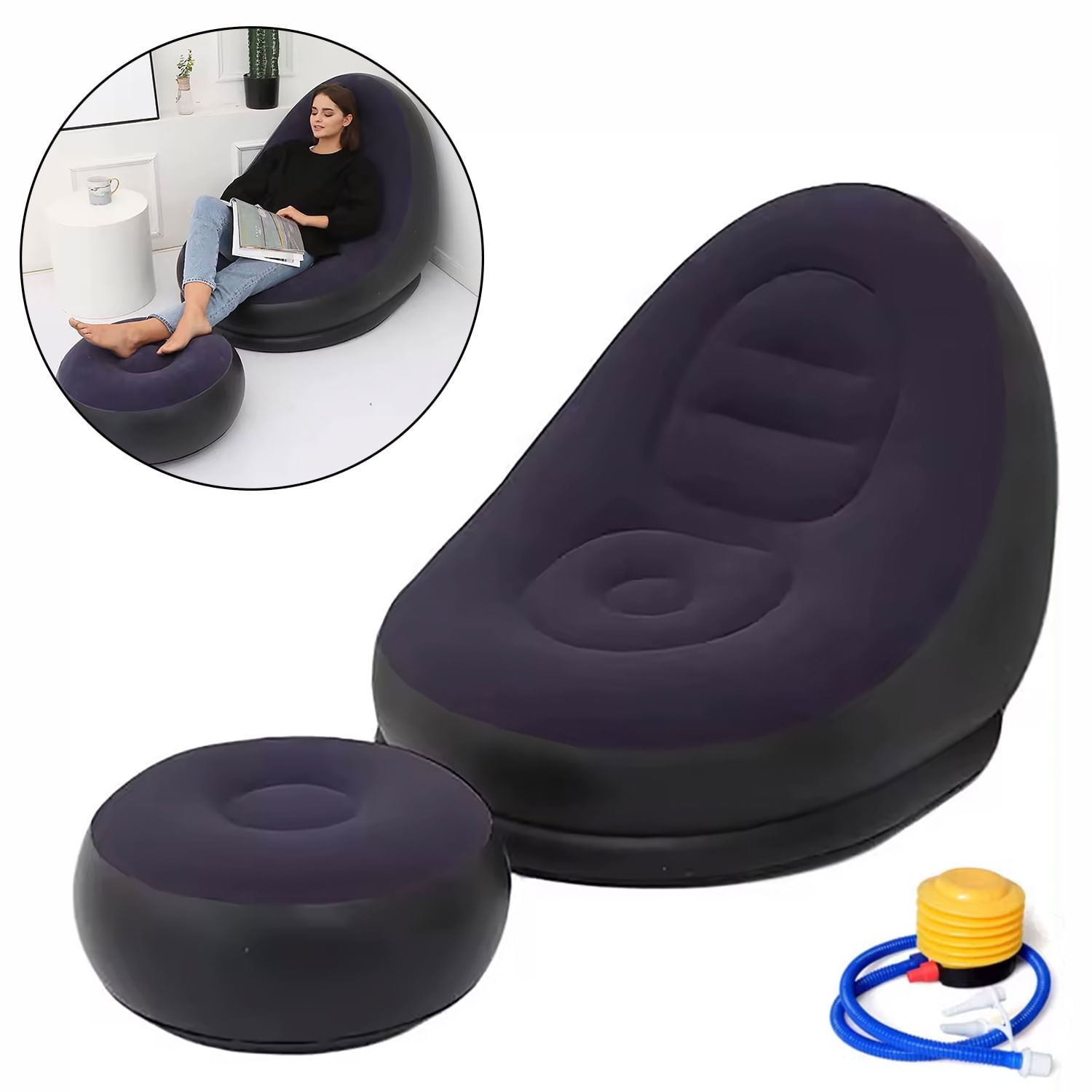 Sofá Sillón inflable con reposapiés portátil y confortable - Negro