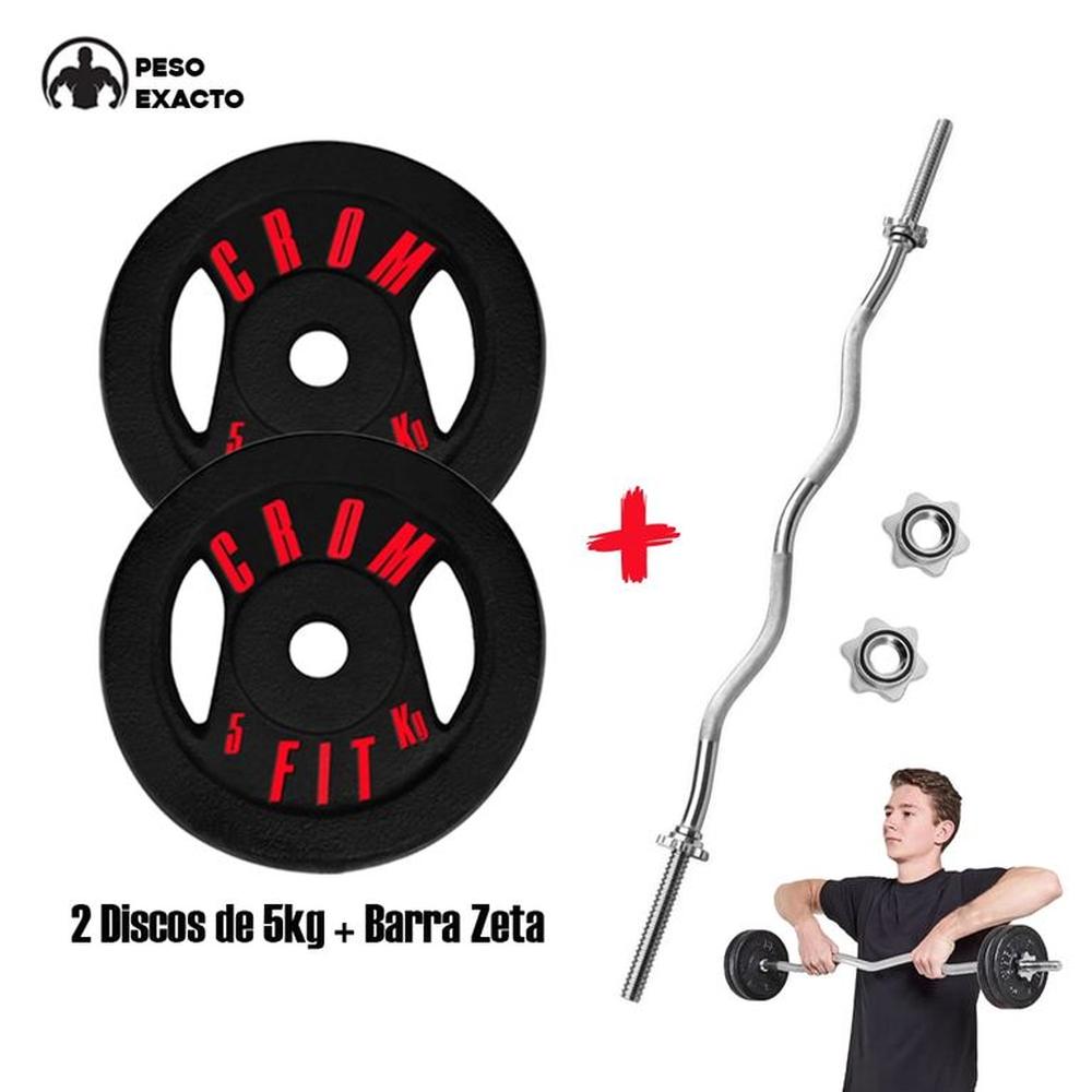 Barra Zeta De Acero Cromado + 2 Discos de 5kg Peso Exacto