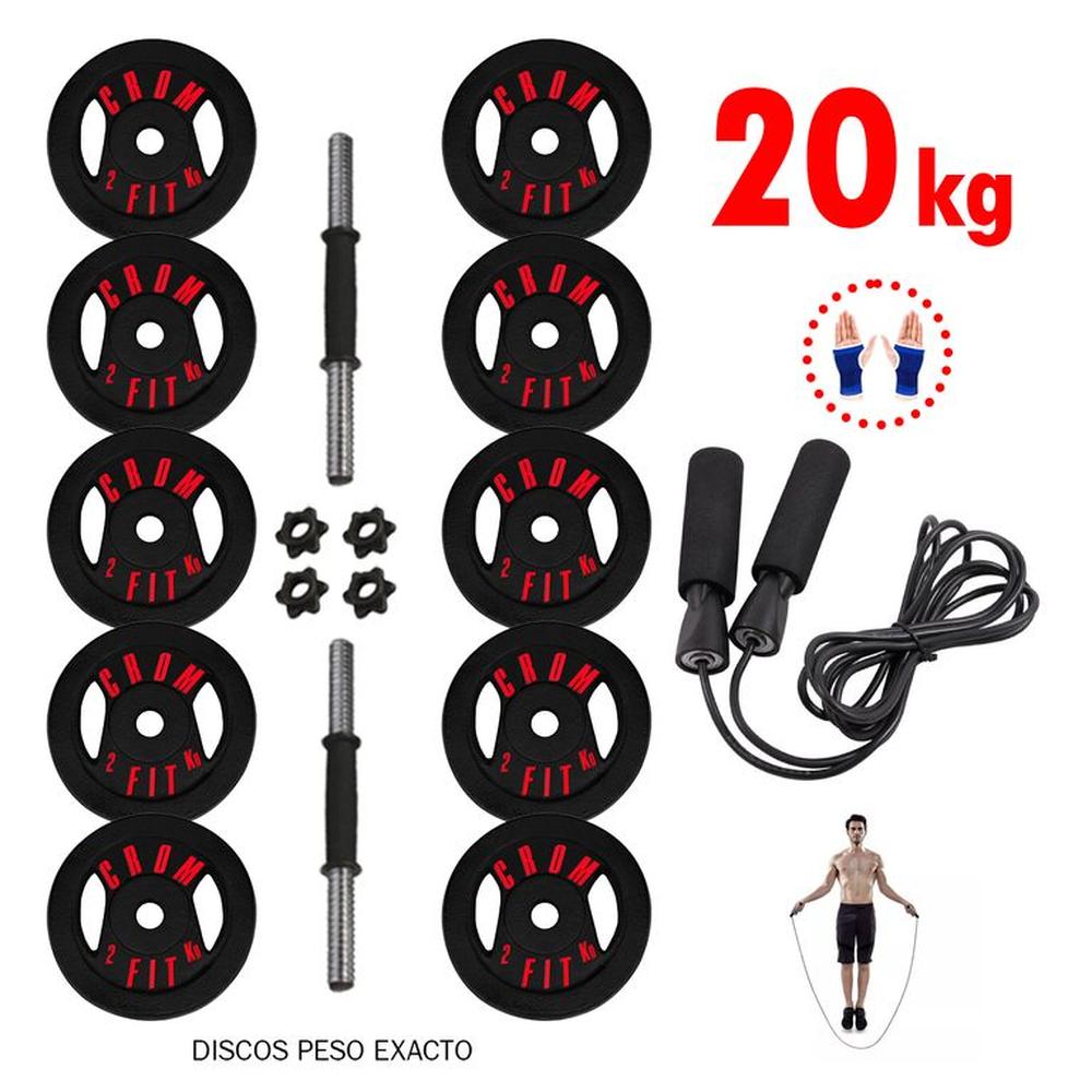 Set Pesas Gym 20kg Mancuernas + Soga para Saltar + Guantes