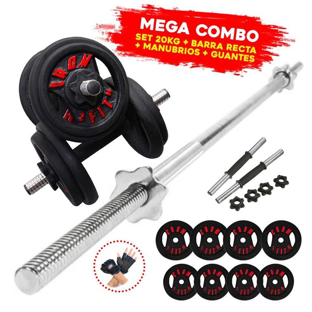 Super Pesas 20kg + Barra Recta Mancuernas GUANTES