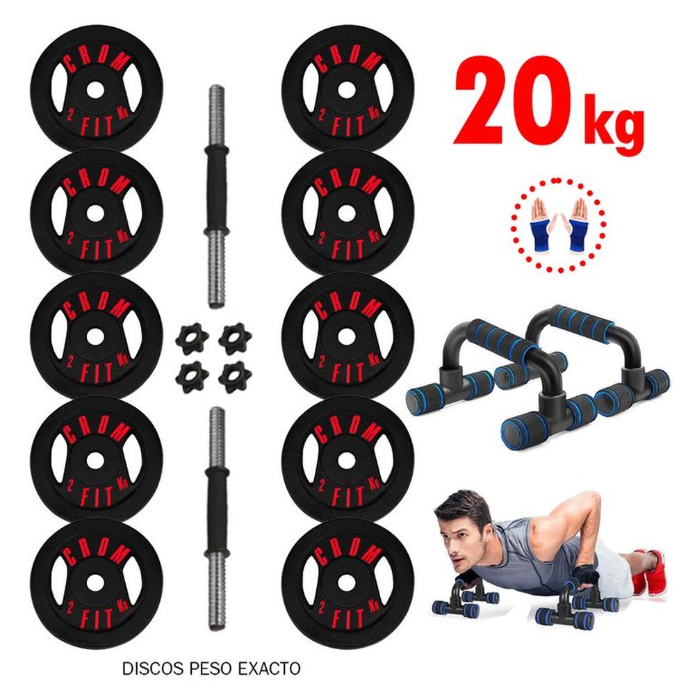 Super Pesas Set 20kg Mancuernas PVC + Push + Guantes