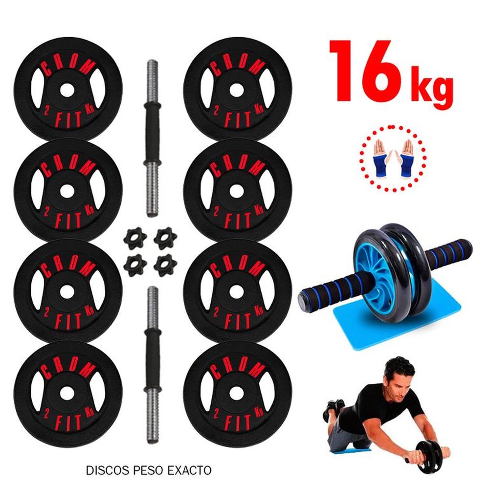 Super Set Pesas 16kg Mancuernas + Rueda Abdominal + Guantes