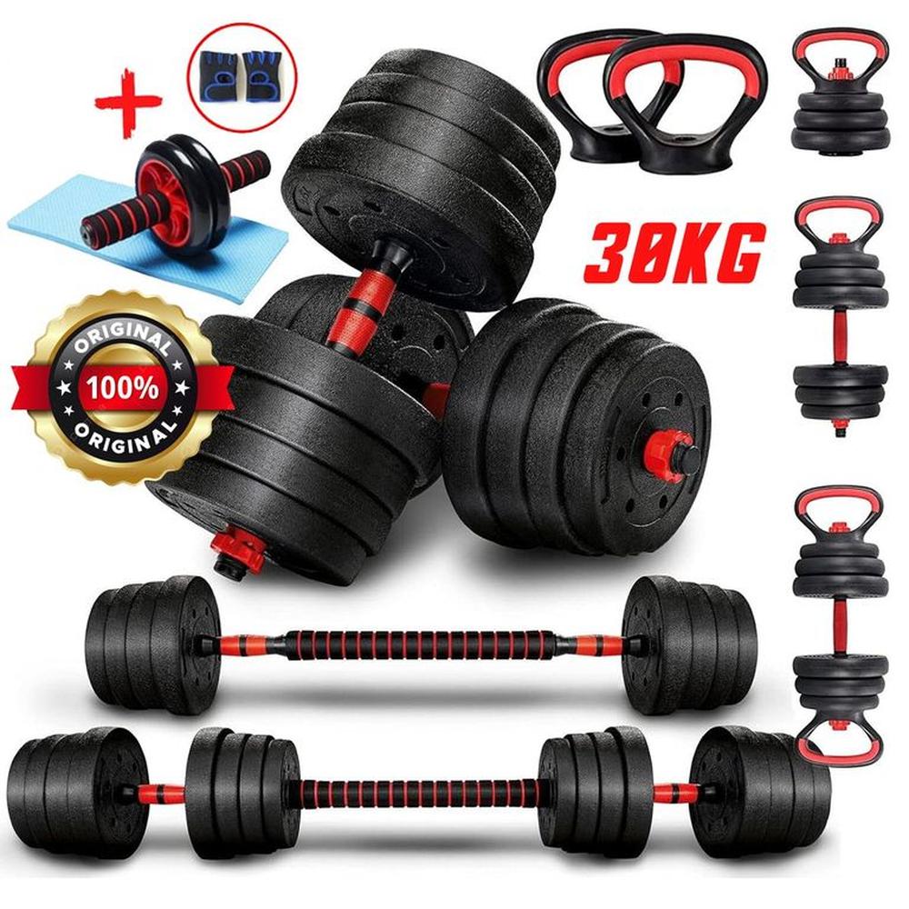 Pesas 30kg Set Convertible Barra Y Pesa Rusa + Rueda AB