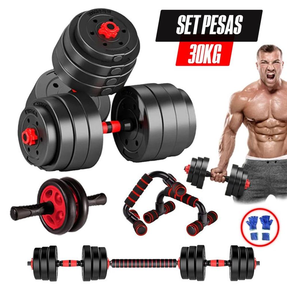 Pesas Set 30kg Importadas + Rueda AB Push up y Guantes Gym