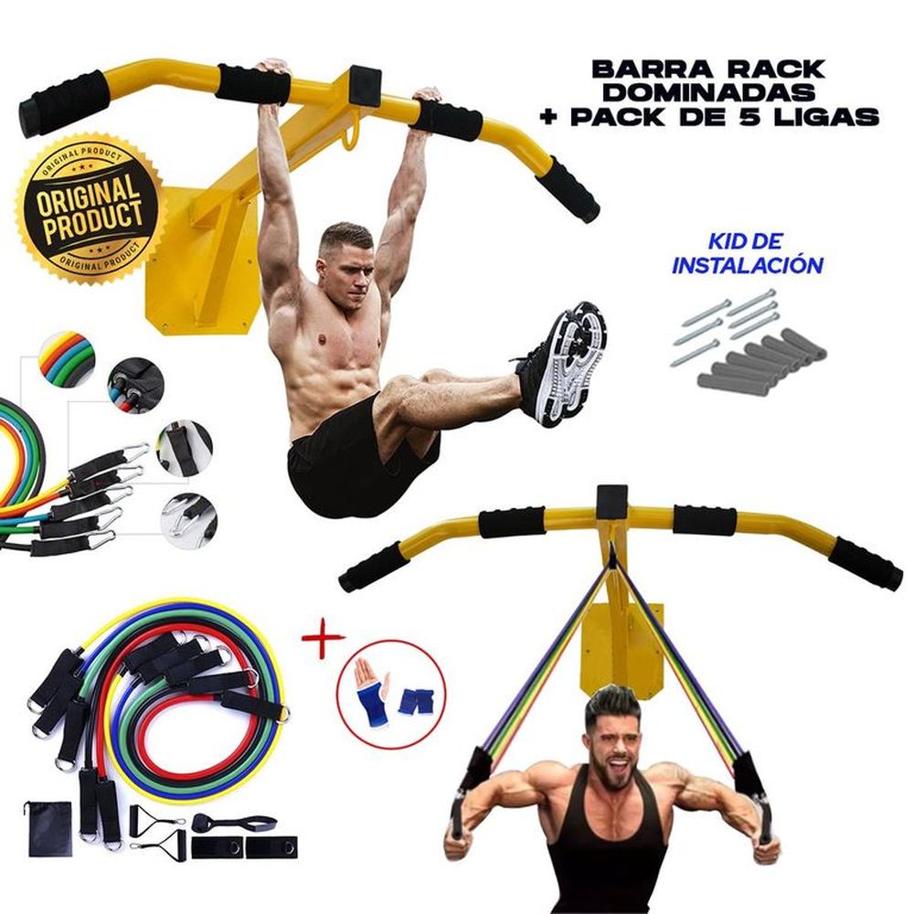 Rack Barra Dominadas + pack de 5 ligas + Guantes Rack Barra Dominadas + pack de 5 ligas + Guantes