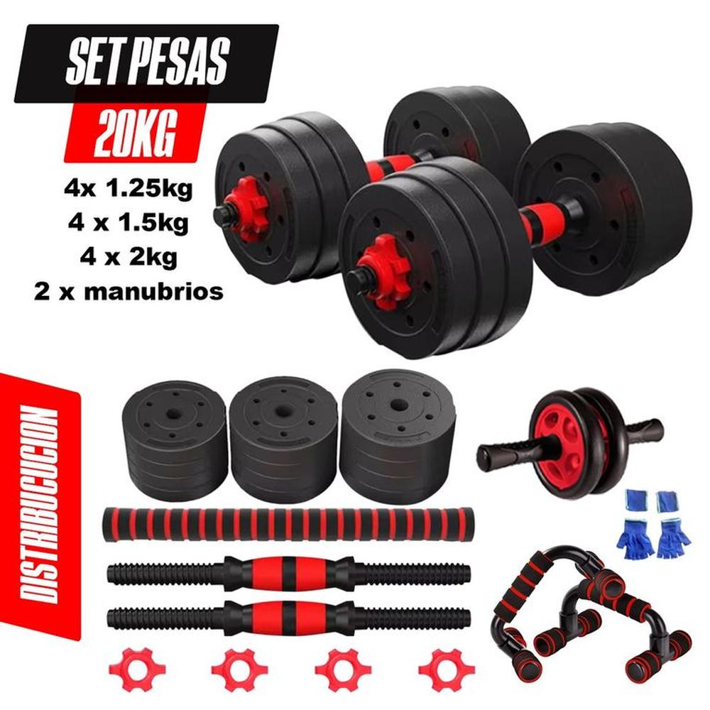 Set 20kg Convertible Barra-Mancuernas Rueda AB+Push Guantes