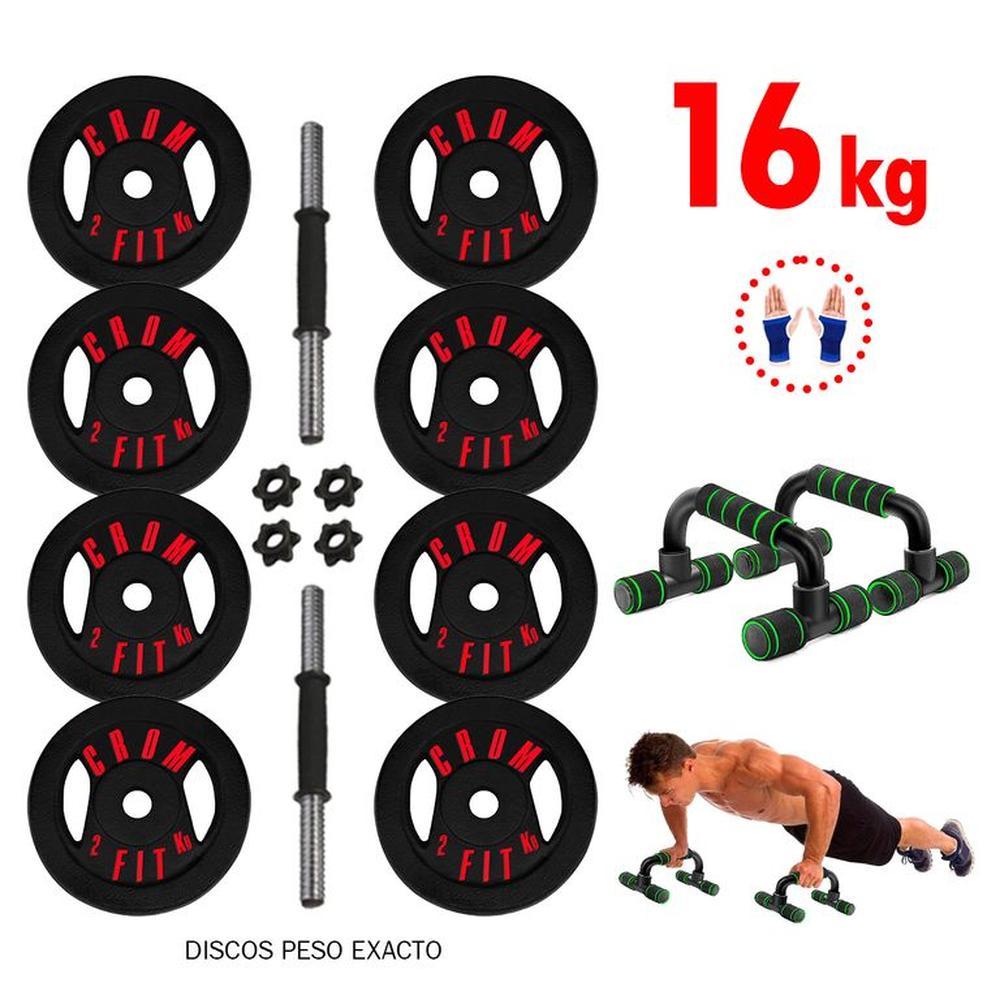 Set Pesas de 16kg Mancuernas + Push Up + Guantes