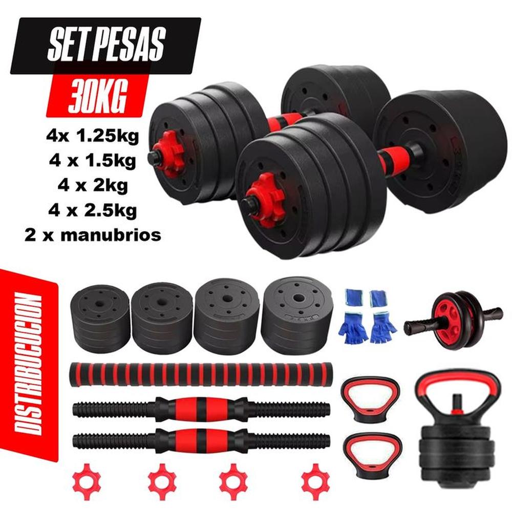 Pesas 30kg Importado Barra y Pesa Rusa + Rueda AB y Guantes