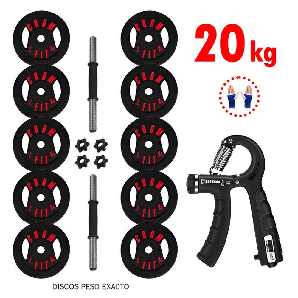 Kit Equipado de Pesas 20kg Mancuernas + Hand Grip + Guantes