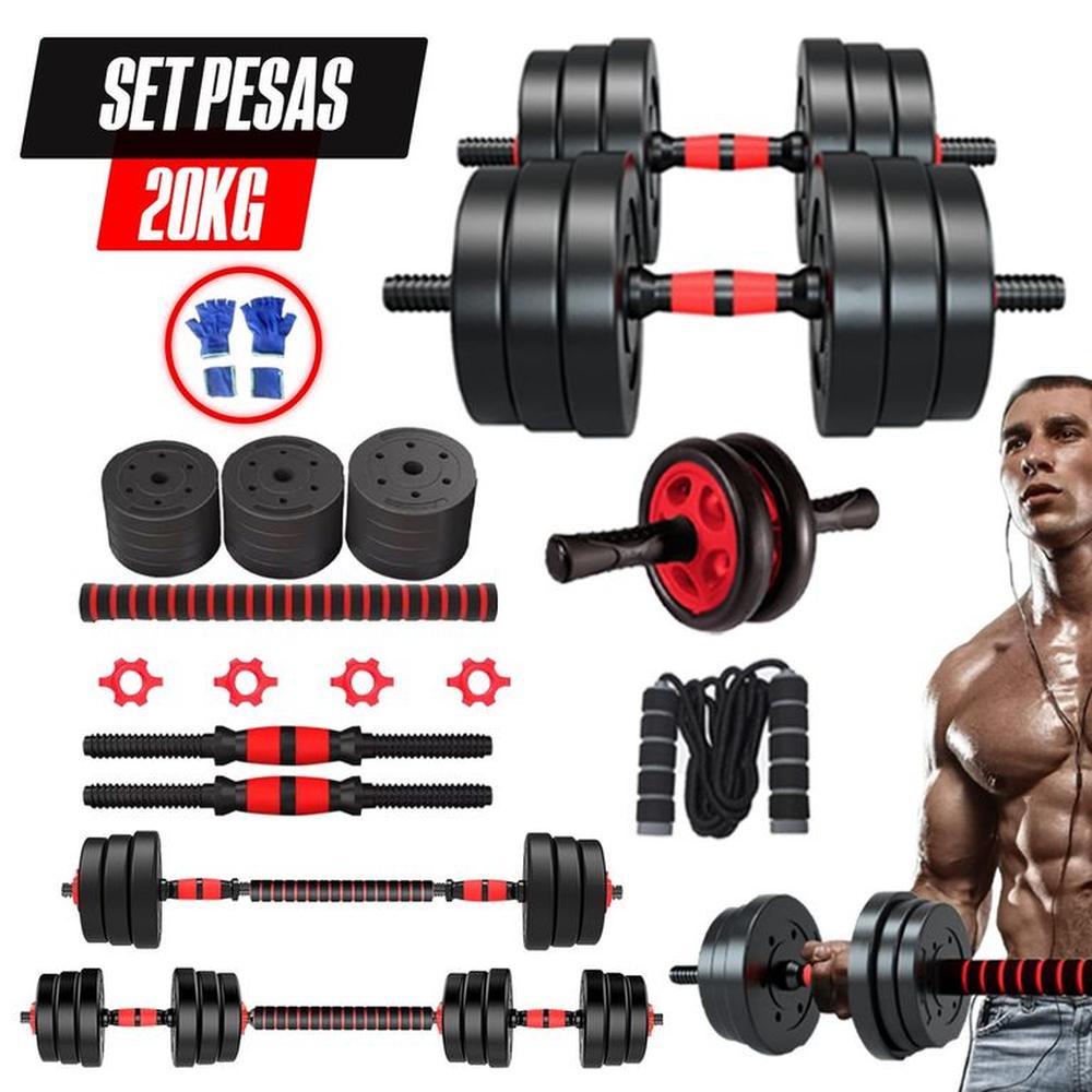 Pesas 20kg Convertibles Barra + Rueda AB Soga y Guantes Gym Pesas 20kg Convertibles Barra + Rueda AB Soga y Guantes Gym