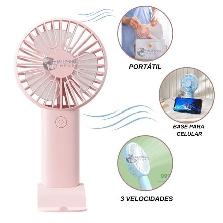 Ventilador Portátil De Mano Recargable De 3 Velocidades Con Base Rosado Ventilador Portátil De Mano Recargable De 3 Velocidades Con Base Rosado