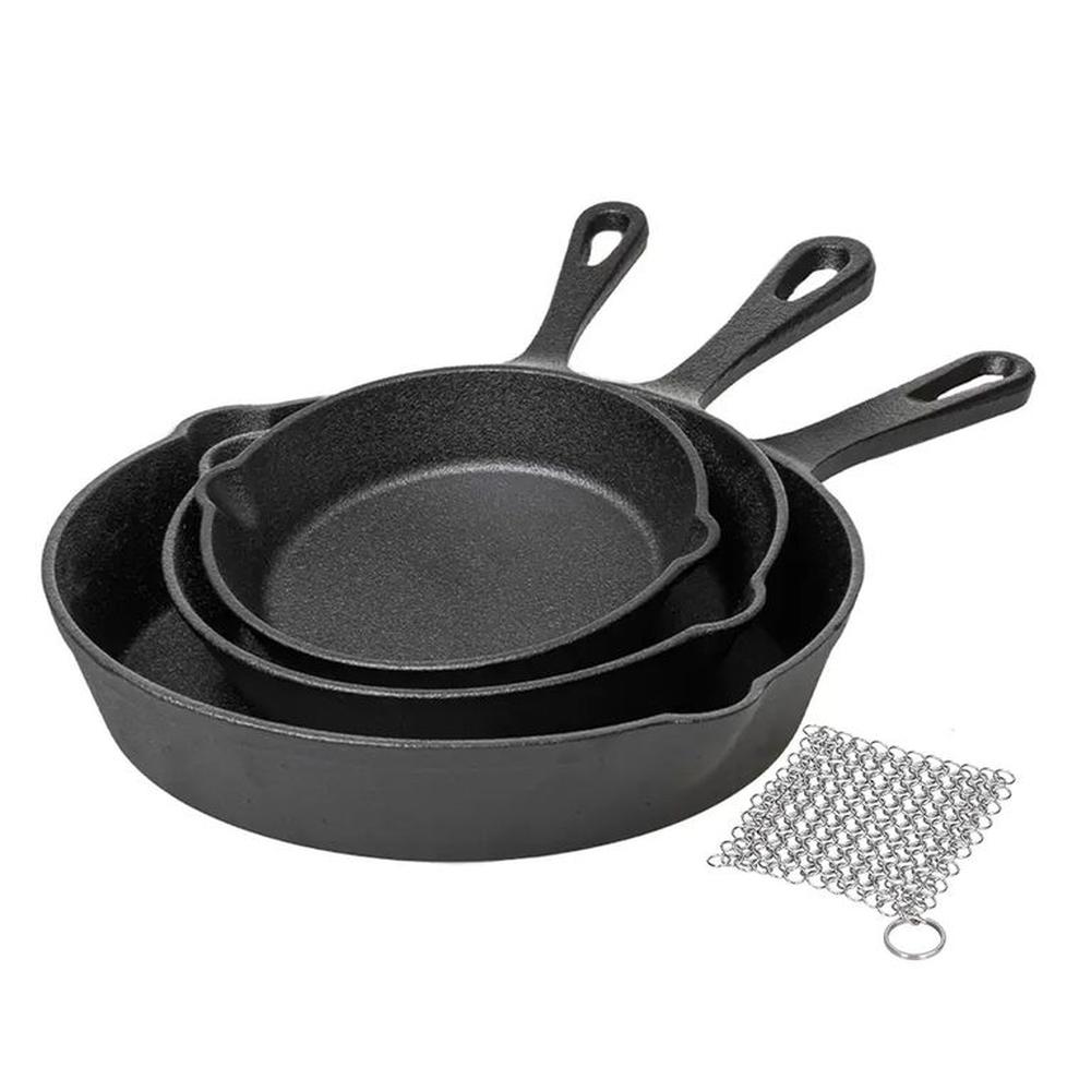Set Sartenes de Hierro Fundido de 16 20 y 25 cm + Malla Limpiadora Set Sartenes de Hierro Fundido de 16 20 y 25 cm + Malla Limpiadora
