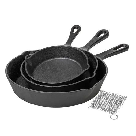 Set Sartenes de Hierro Fundido de 16 20 y 25 cm + Malla Limpiadora