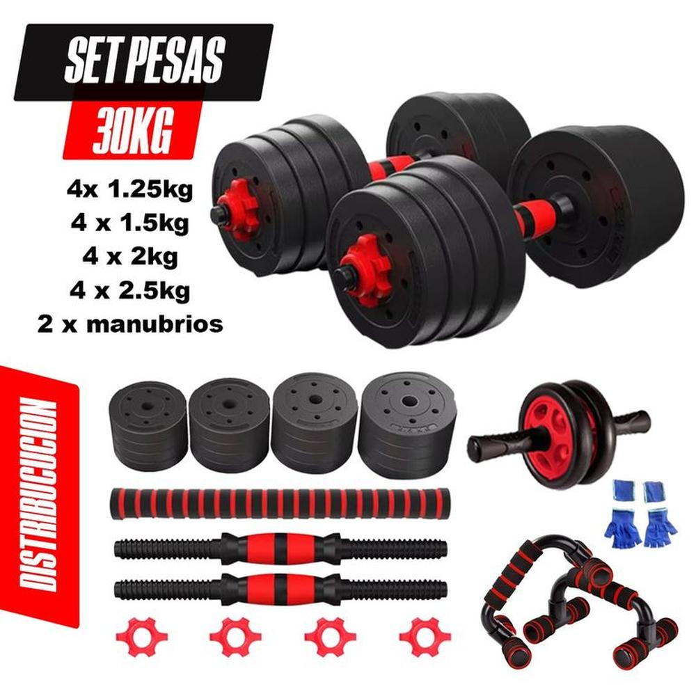 Set 30kg Pesas Convertibles Push up Rueda AB + Guantes GYM