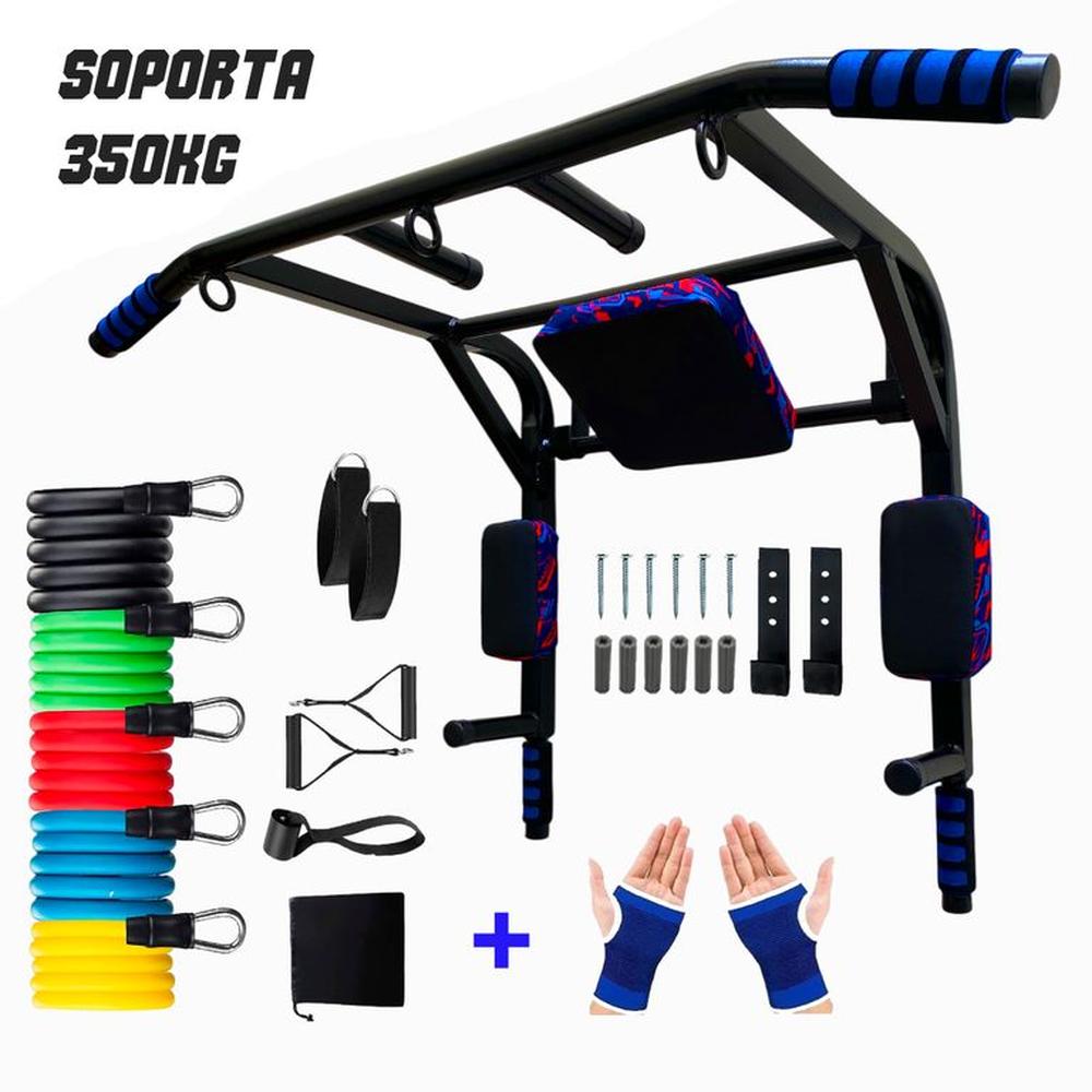 Gym Barra Dominadas 15 En 1 + Ligas X5 + Guantes Max-350kg