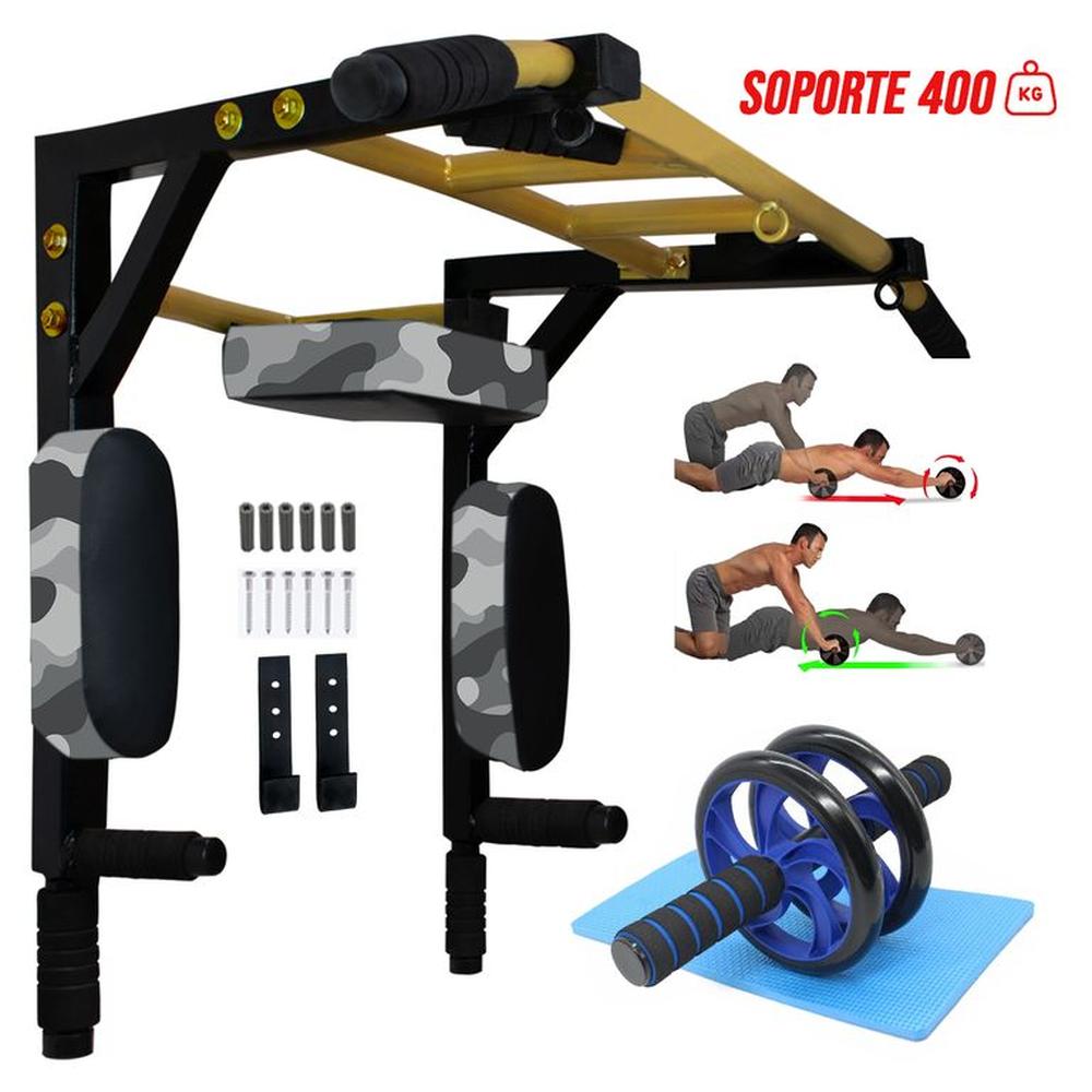 Barra Dominadas Multigrip 30 en 1 + Rueda AB + Guantes Gym