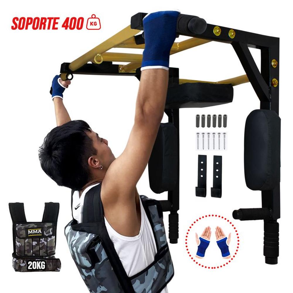 Barra Fondos Calistenia 30 en 1 + Chaleco 20 KG + Guantes.