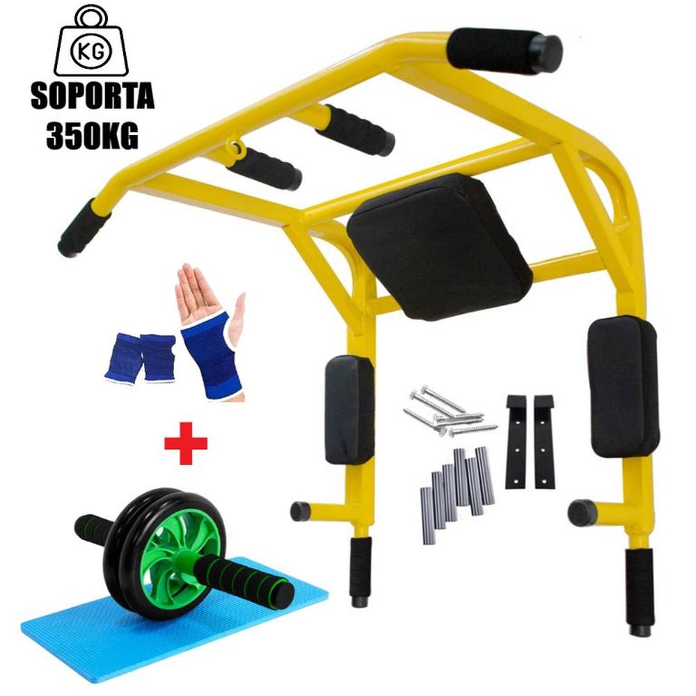 Barra Calistenia 15 en 1 Amarilla + Rueda AB + Guantes Gym