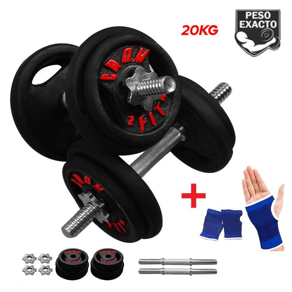 Pesas Set 20kg Cromado + Mancuernas Cromadas + Guantes
