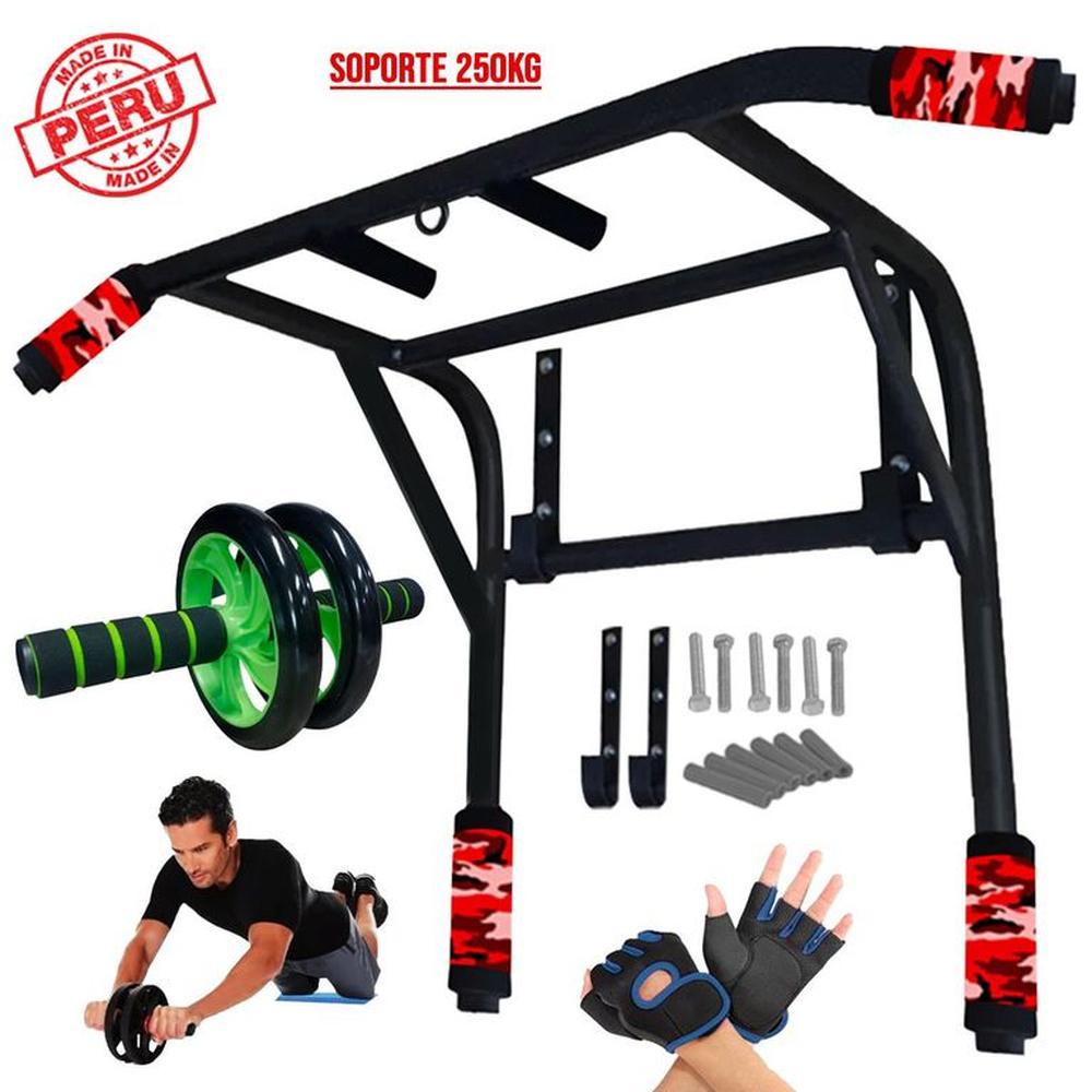Barra Para Dominadas 2 en 1 + Rueda Abdominal + Guantes