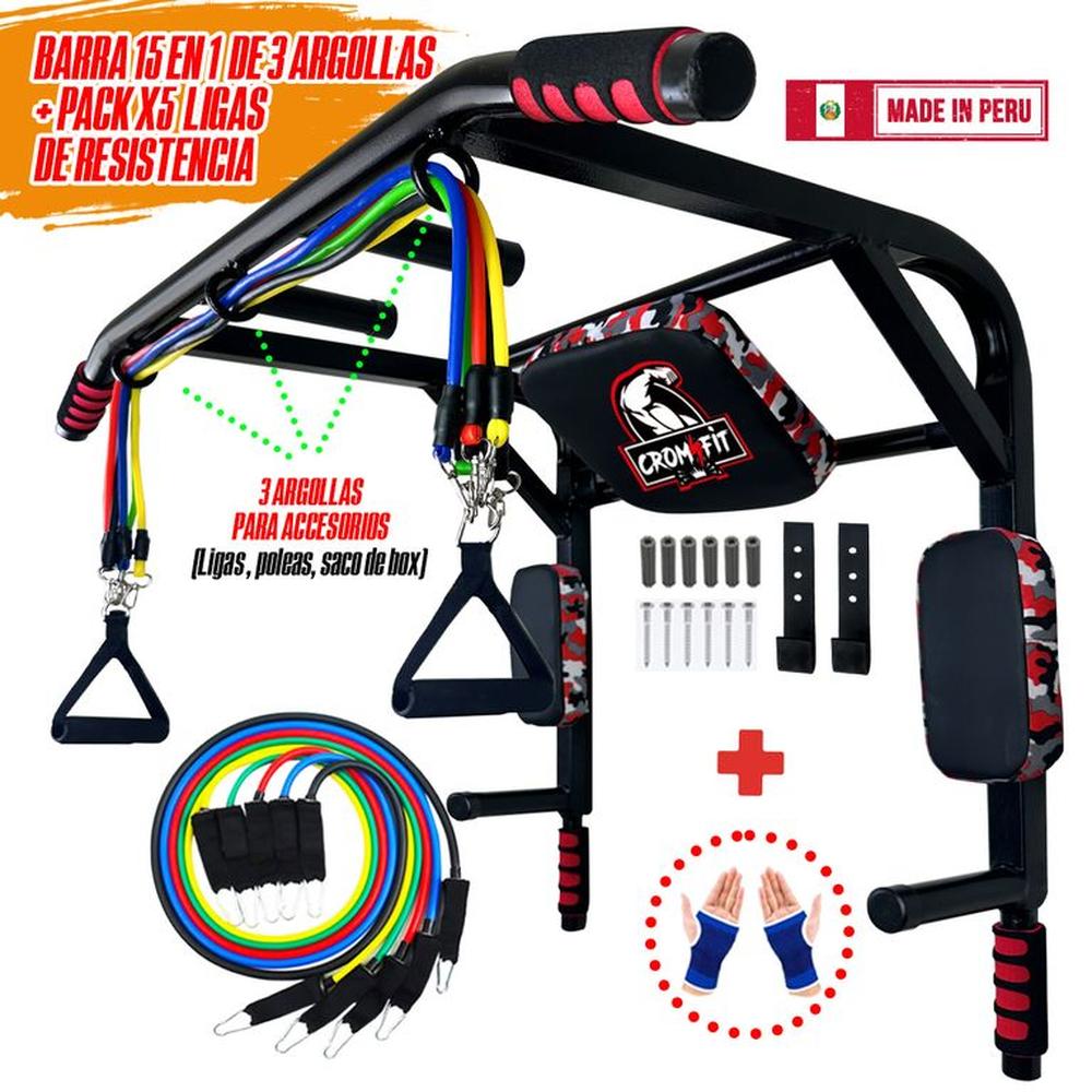 Barra 15 en 1 de 3 Argollas + Pack X5 Ligas Resistencia
