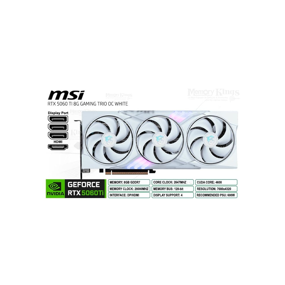 Tarjeta gráfica GeForce RTX 5060 Ti 8GB MSI Gaming Trio, rendimientos excepcionales, color blanco