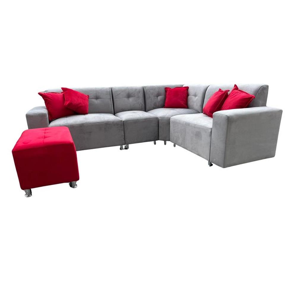 SECCIONAL LEYVA PLATA CON BANQUETA ROJO + 6 COJINES