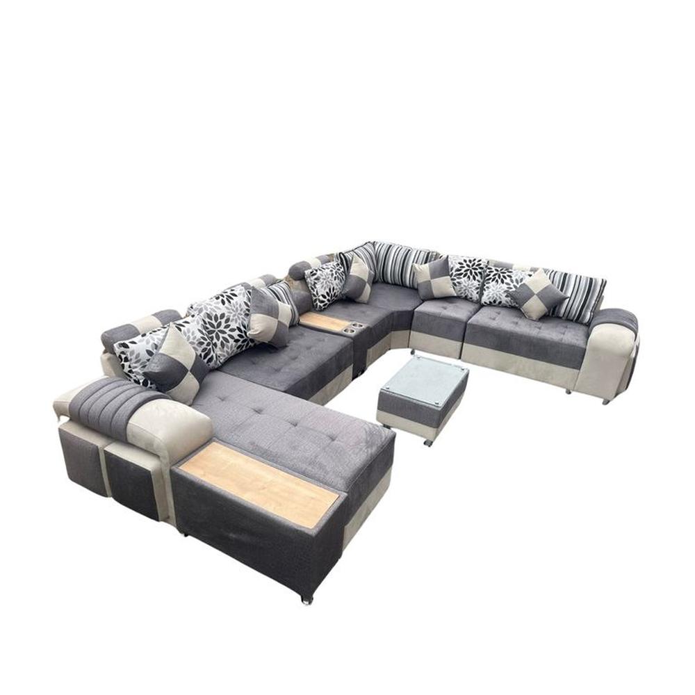 SECCIONAL EUROPEO BEIG / PLOMO 12 PIEZAS + 4 COJINES + MESA DE CENTRO