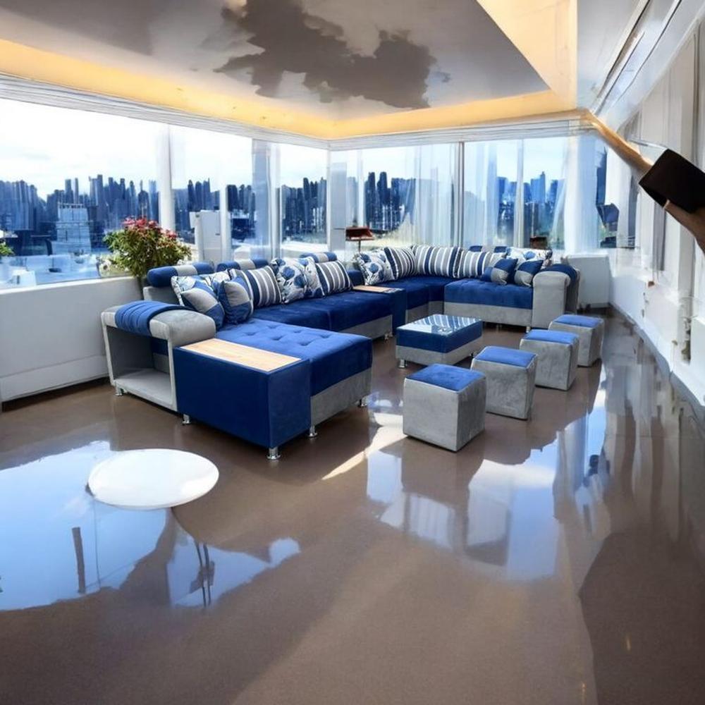 SECCIONAL EUROPEO AZUL 12 PIEZAS + 4 COJINES + MESITA