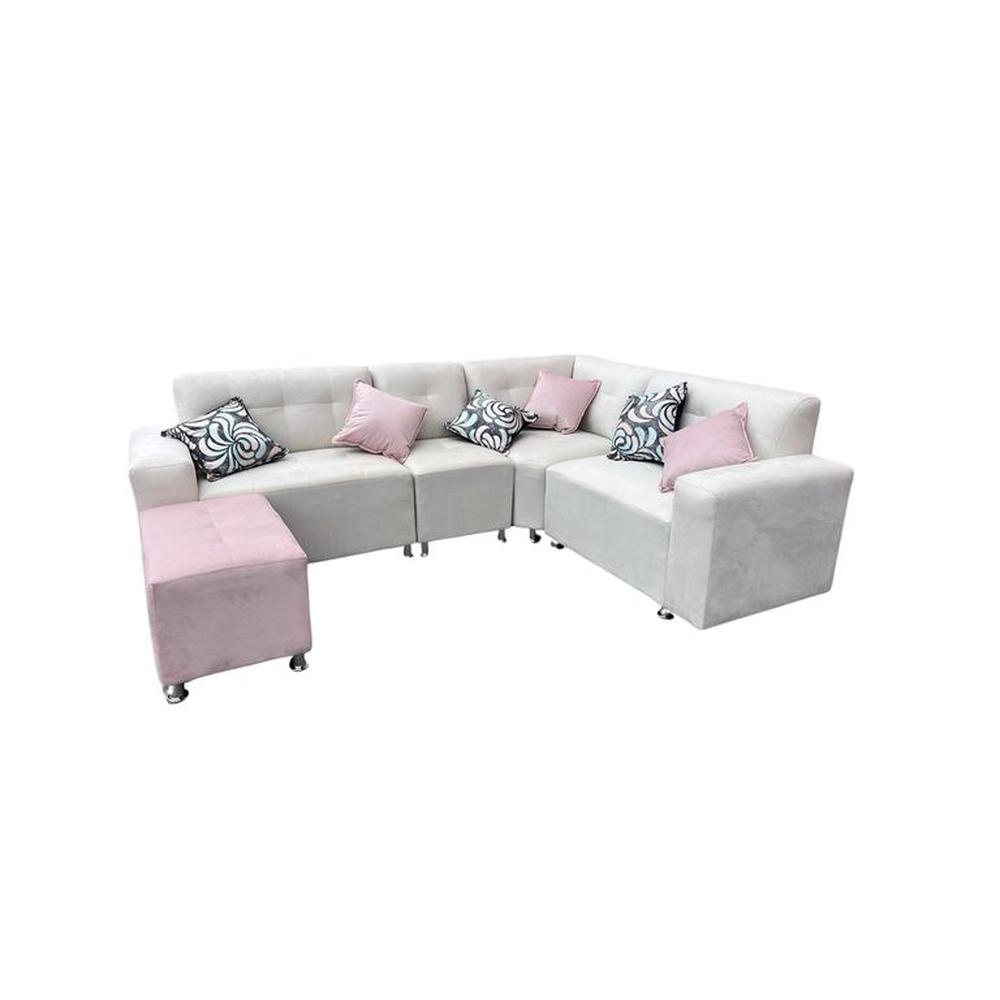 Seccional Leyva 4 piezas + Banqueta + 6 Cojines - Ivory con Rosado